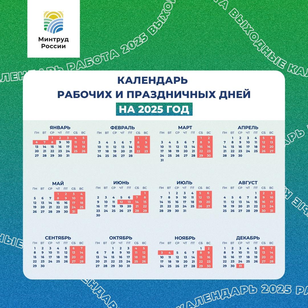 Минтруд подготовил проект постановления о переносе выходных дней в 2025 году.