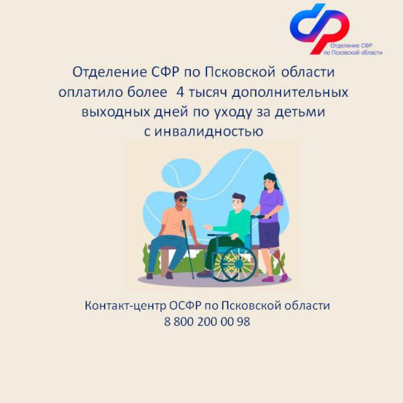 Отделение СФР по Псковской области оплатило более 4 тысяч дополнительных выходных дней по уходу за детьми с инвалидностью. Отделение СФР по Псковской области оплатило более 4 тысяч дополнительных выходных дней по уходу за детьми с инвалидностью.